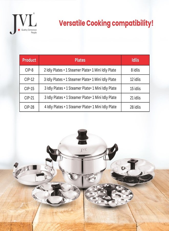 JVL قدر إيدلي كلاسيكي 4 في 1 من JVL بقاعدة ثلاثية الطبقات، صانع إيدلي وإيدلي صغير، جهاز تبخير، يتحول إلى مقلاة عميقة، مقابض باردة الملمس، مصنوع من الفولاذ المقاوم للصدأ، متوافق مع المواقد الحثية (12 إيدلي، 1 إيدلي صغير) - Image 3
